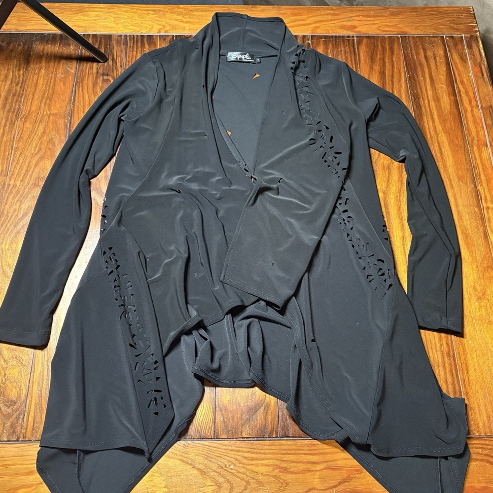 Sympli Black Open Front Shrug Cardigan Laser Cut Design Luxury Sz 4 A116